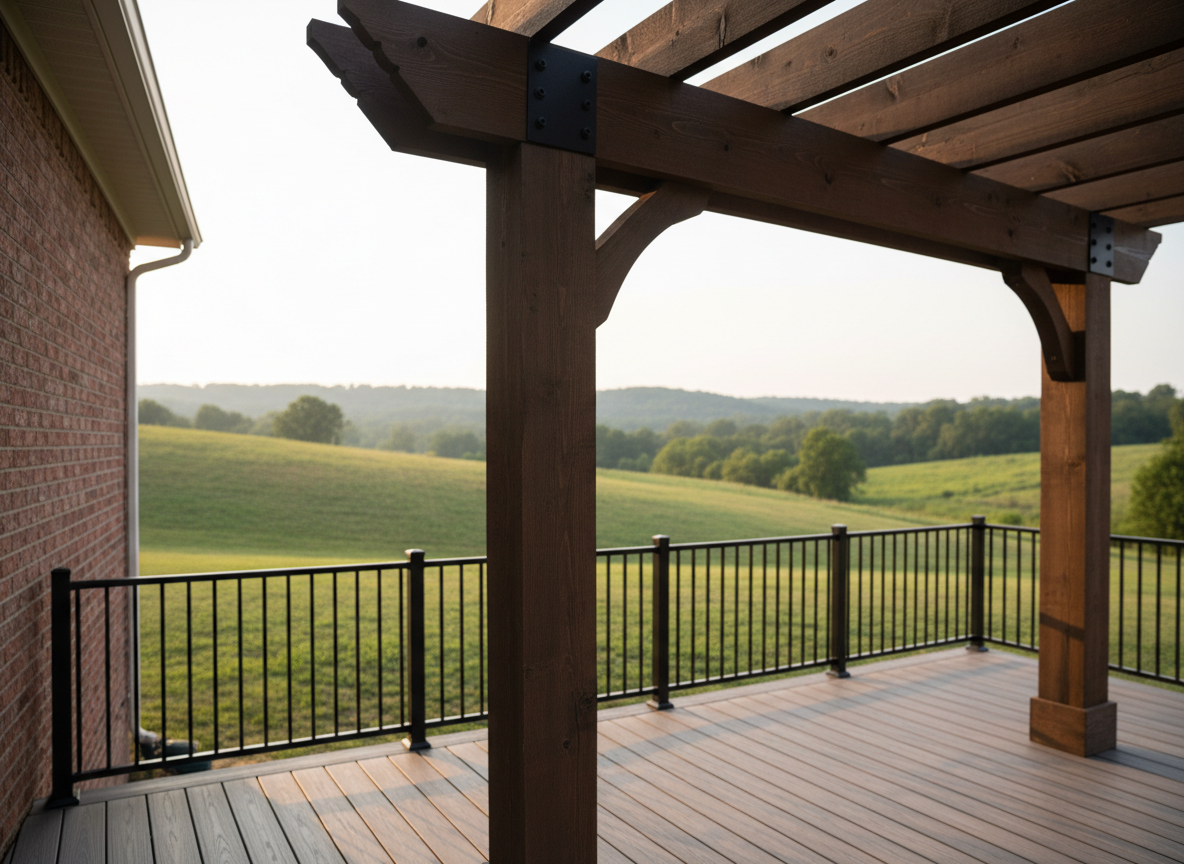 A meticulous close-up view of a custom wooden pergola attached to a brick home, featuring thick, smooth Douglas fir beams with a rich espresso stain and black powder-coated steel brackets. The pergola covers a composite deck with subtle wood grain texture, bordered by a simple black aluminum railing. In the background, a gently sloping North Alabama backyard with green grass and distant rolling hills is softly blurred. Late afternoon natural light highlights the wood texture and metal details, creating gentle shadows. Photographic realism, shot from a slightly low angle to emphasize craftsmanship and structural integrity, with a calm, confident mood that feels professional and trustworthy.
