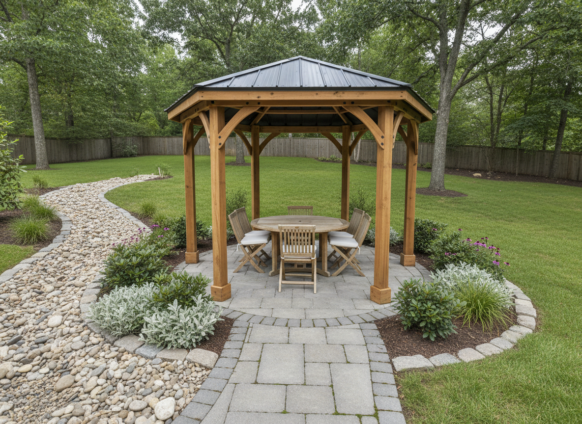 An elegant freestanding gazebo built from natural-stain cedar with a dark charcoal metal roof, centered on a circular stone paver pad in a landscaped backyard. Inside the gazebo, a simple outdoor dining table and chairs sit neatly arranged, surrounded by low-maintenance shrubs, river rock borders, and a small, dry creek-style feature common in North Alabama yards. Soft overcast daylight creates even, diffused lighting that reveals every wood grain and stone texture without harsh shadows. Photographic realism, wide-angle lens with rule-of-thirds composition, capturing both the structure and its integration into the yard. The mood is serene and refined, highlighting a high-end, custom-built feel.