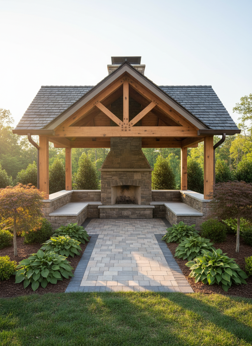 A refined, pavilion-style gazebo with a gabled roof, dark architectural shingles, and exposed cedar rafters, positioned at the far end of a landscaped backyard. Inside, a simple stone-clad fireplace anchors the back wall, flanked by built-in stone benches with smooth concrete tops. The floor is a carefully laid pattern of rectangular pavers in neutral tones. Border beds with mulch, hostas, and small ornamental trees soften the space, echoing common North Alabama plantings. Photographic realism, captured at late afternoon with warm, directional sunlight illuminating the pavilion interior and casting soft shadows outward. Shot from a straight-on eye-level perspective, the mood is sheltered and luxurious, emphasizing four-season outdoor living potential.