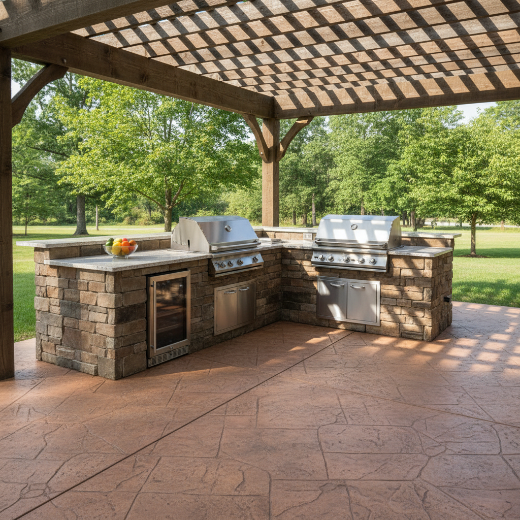A fully realized outdoor kitchen under a sturdy timber pergola, with a long L-shaped stone island housing a stainless steel grill, side burner, and undercounter fridge. The countertop is a smooth, light-colored granite, clean and uncluttered, with a simple bowl of citrus as the only accent. The pergola’s beams create crisp linear shadows across the work surface. The kitchen opens onto a broad stamped-concrete patio that transitions into a green North Alabama lawn with a few mature hardwoods at the edges. Captured in bright but soft late-morning light, with photographic realism and a slightly elevated, three-quarter angle. The mood is polished and functional, emphasizing quality construction and thoughtful layout.