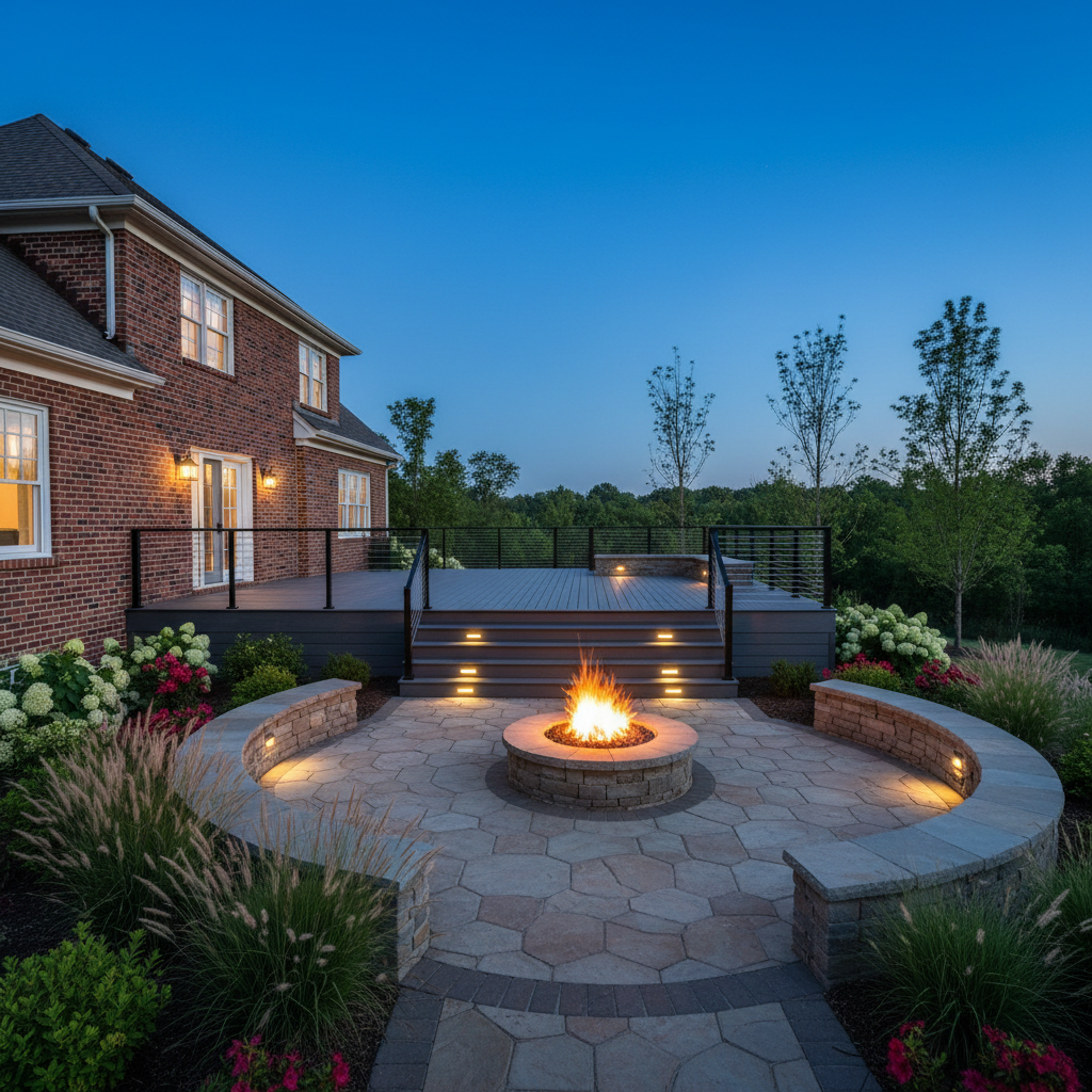 A modern outdoor living space featuring a custom composite deck extending from a red-brick house, seamlessly transitioning into a lower-level paver patio with a built-in stone firepit. The deck has wide steps, hidden fasteners, and a sleek black cable railing, while the firepit area is encircled by simple, low stone seating walls. Surrounding the space are gentle North Alabama landscape elements: soft berms, ornamental grasses, and a few flowering shrubs. Captured at twilight with the firepit glowing warmly and subtle LED step lights illuminating the deck edges, contrasted against a deep blue evening sky. Photographic realism, slightly elevated angle, balanced composition, with a cozy yet upscale mood.
