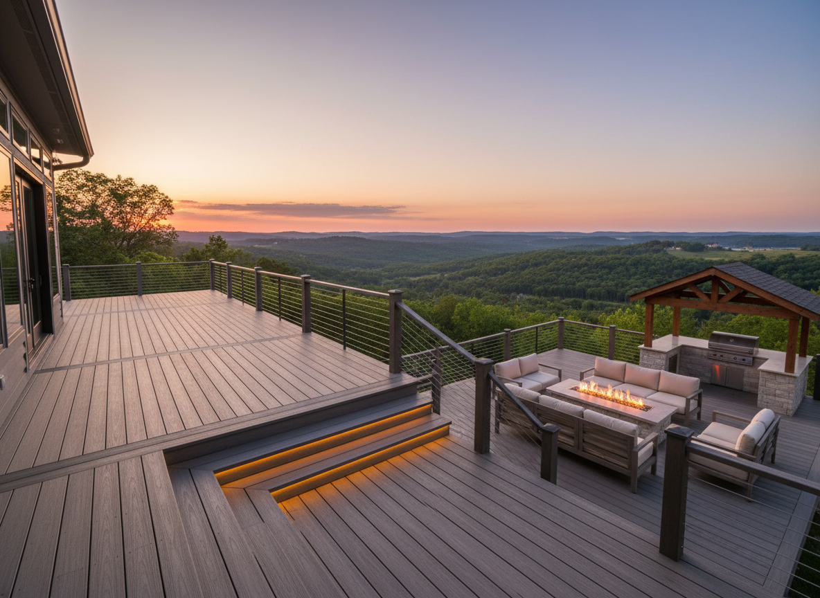 A broad, panoramic view of a large custom multi-level deck overlooking a gentle North Alabama valley, with distant tree-covered hills under a soft sunset sky. The upper deck, built from wide-plank composite boards in a driftwood gray tone, connects directly to the house and steps down to a lower lounge area with a linear gas firepit clad in stacked stone. A small pergola shelters a grilling zone on one side, while low, integrated lighting runs along stair risers and rail posts. Photographic realism, wide-angle lens capturing depth and landscape, with warm, low-angle sunlight creating long, elegant shadows. The mood is expansive and aspirational, perfect for a high-end builder’s portfolio hero image.