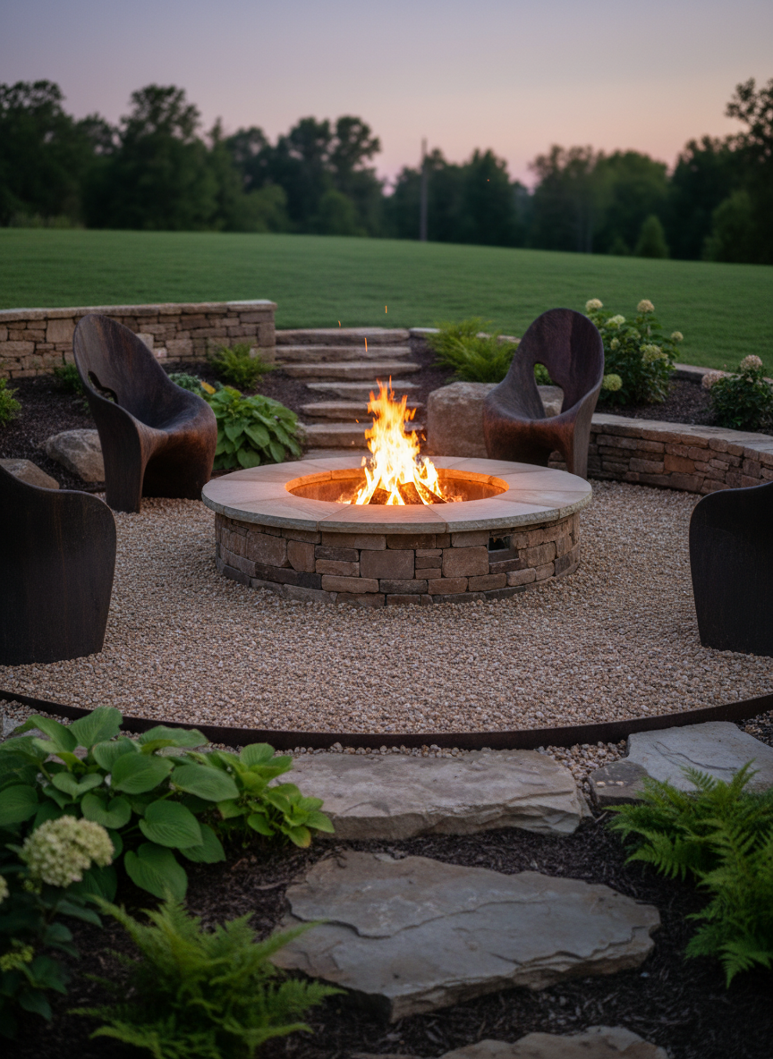 A detailed, ground-level shot of a custom stone firepit area separated from the main lawn by a low retaining wall, reflecting the gentle elevation changes typical in North Alabama backyards. The circular firepit is built from tumbled stone with a smooth cap, centered in a pea gravel pad defined by a crisp metal edging. Around it, simple Adirondack-style silhouettes created by carefully shaped, non-human forms suggest seating without showing actual chairs. The surrounding slope is stabilized with terraced plant beds and flat boulders. Soft dusk lighting with the fire glowing brightly creates warm reflections on nearby stone surfaces. Photographic realism, shallow depth of field with the firepit in sharp focus, conveying a rustic yet high-quality, professionally planned space.