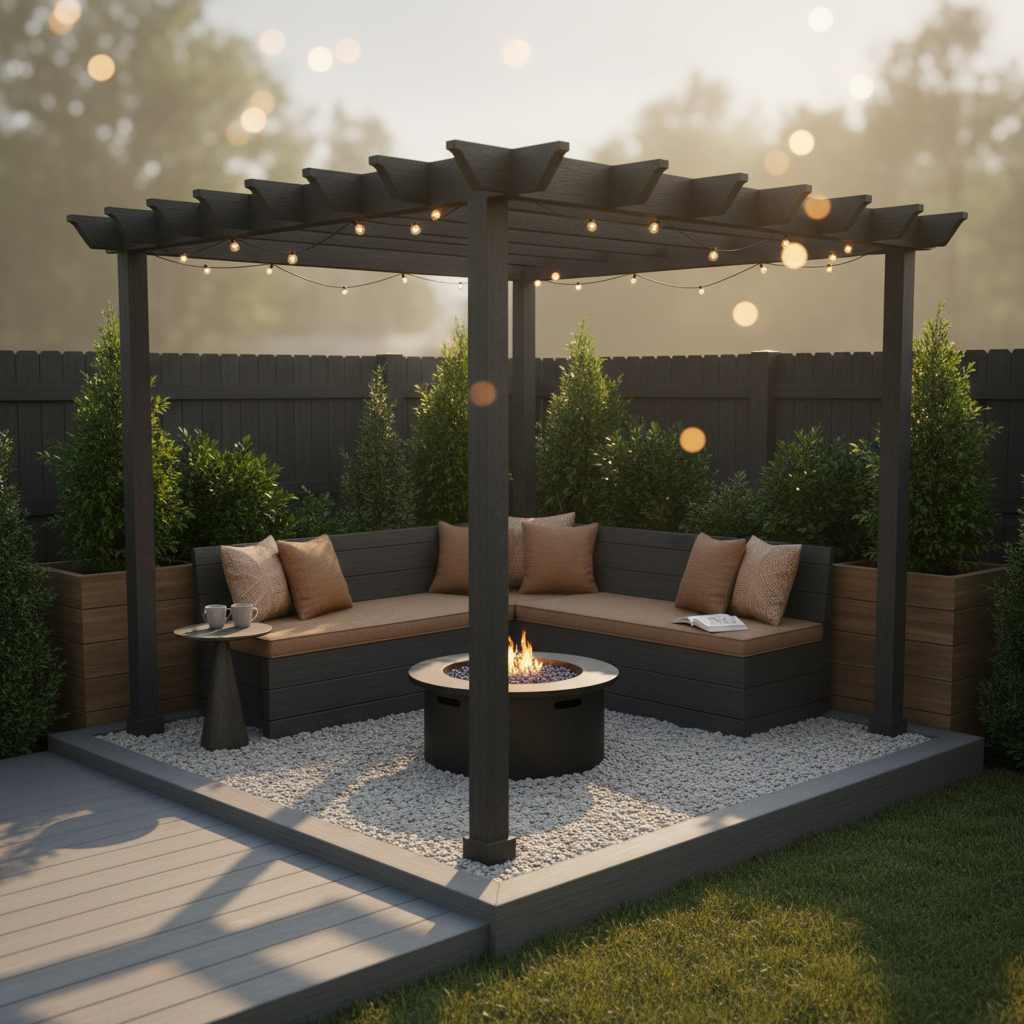 A cozy, compact backyard corner retreat designed for smaller North Alabama lots, featuring a modest pergola with slim, dark-stained posts anchored in a raised composite deck. A built-in wooden bench wraps the corner, framing a small circular gas fire feature set into a gravel bed. Along the fence line, tall planters with evergreen shrubs add privacy and structure. The scene is lit by warm, early evening light, with subtle bokeh from softly glowing string lights woven along the pergola beams. Photographic realism, eye-level composition with a gentle leading line from the deck boards into the scene, creating an intimate, highly usable atmosphere that feels smart and space-efficient.